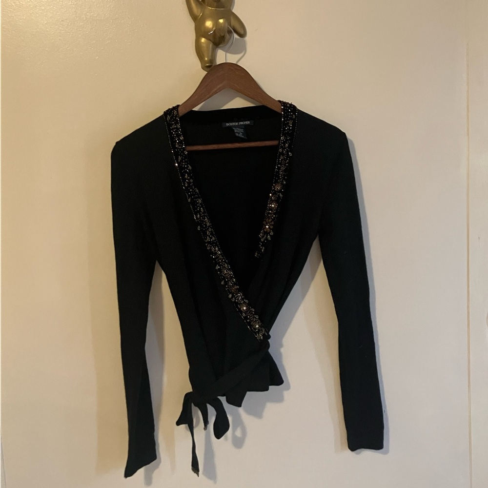 Boston Proper Black Beaded Wrap Blouse